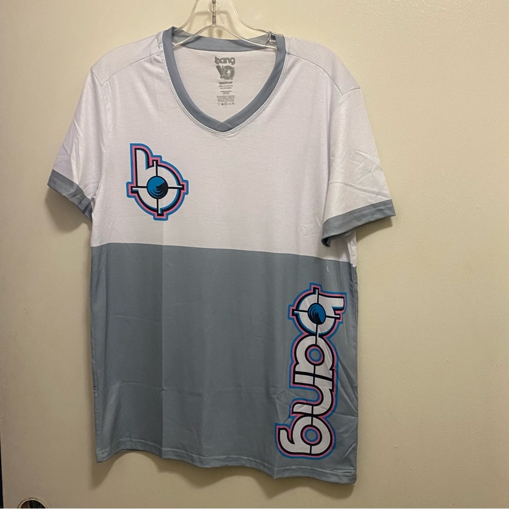 Bang Energy Drink Logo Mens Jersey Shirt M Medium Chest 40” White Gray V Nec